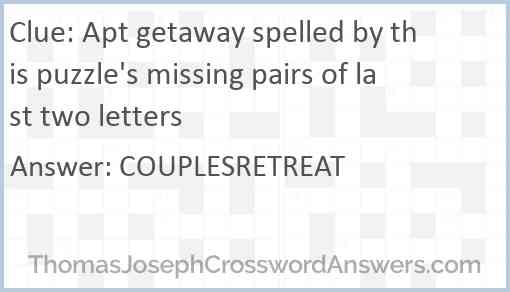 Apt getaway spelled by this puzzle's missing pairs of last two letters Answer