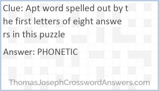 Apt word spelled out by the first letters of eight answers in this puzzle Answer