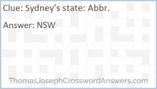Sydney’s state: Abbr. Answer