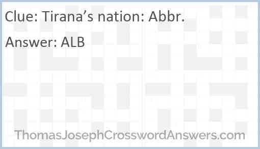 Tirana’s nation: Abbr. Answer
