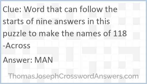 Word that can follow the starts of nine answers in this puzzle to make the names of 118-Across Answer